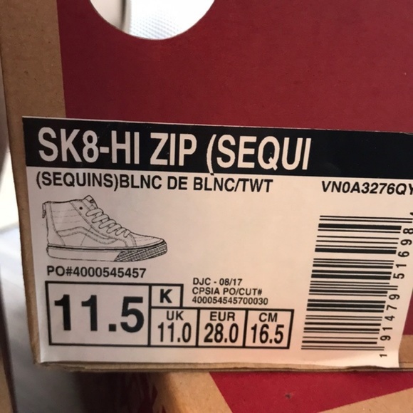 NWT VANS SK8-HI Zip Sequins White Kid’s AUTHENTIC - Picture 7 of 7